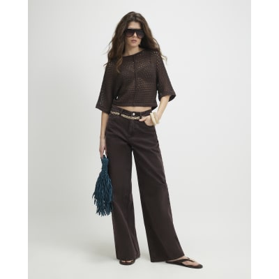Brown Open Stitch Knitted T-Shirt