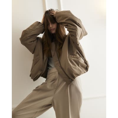 Brown Oversized Bubble Hem Bomber Jacket
