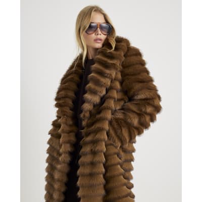 Brown Pelted Faux Fur Longline Coat