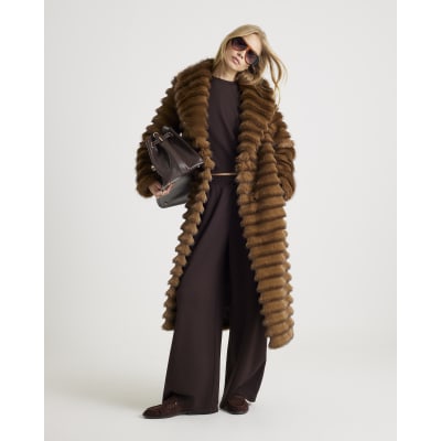 Brown Pelted Faux Fur Longline Coat