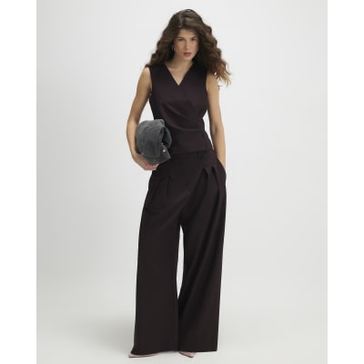 Brown Pinstripe Pleat Front Top