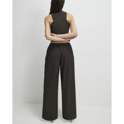 Brown Pinstripe Wide Leg Trousers