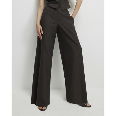 Brown Pinstripe Wide Leg Trousers