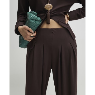 Brown Pleat Front Tapered Trousers