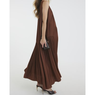 Brown Pleated Maxi Dress