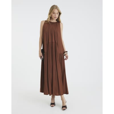 Brown Pleated Maxi Dress