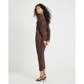 Brown Plisse Long Sleeve Wrap Midi Dress