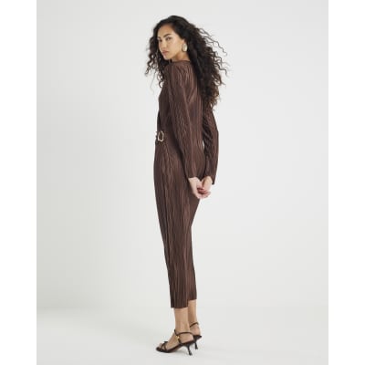 Brown Plisse Long Sleeve Wrap Midi Dress