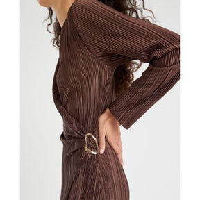 Brown Plisse Long Sleeve Wrap Midi Dress