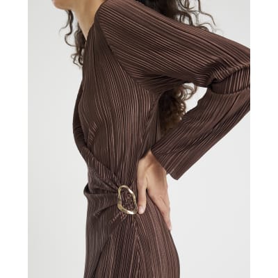 Brown Plisse Long Sleeve Wrap Midi Dress
