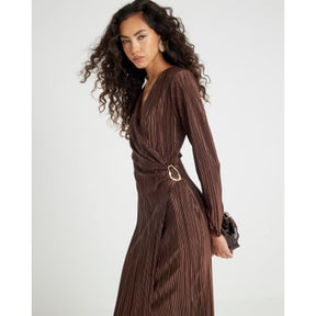 Brown Plisse Long Sleeve Wrap Midi Dress