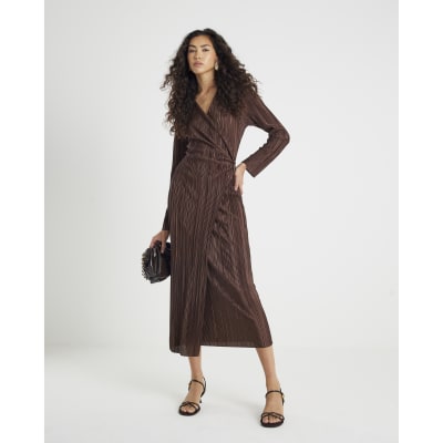 Brown Plisse Long Sleeve Wrap Midi Dress