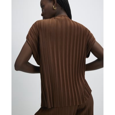 Brown Plisse Short Sleeve Top