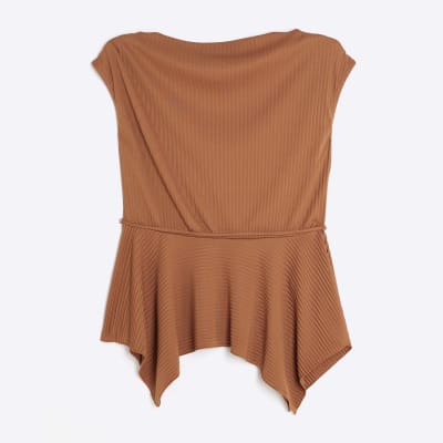 Brown Plisse Sleeveless Peplum Top