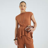 Brown Plisse Sleeveless Peplum Top