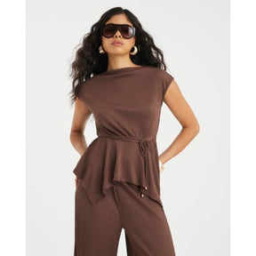 Brown Plisse Sleeveless Peplum Top