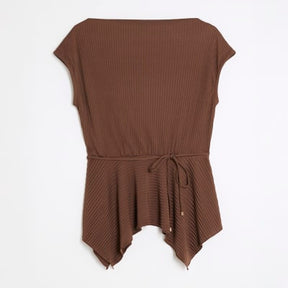 Brown Plisse Sleeveless Peplum Top