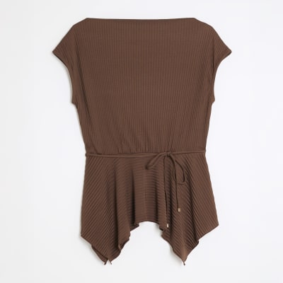Brown Plisse Sleeveless Peplum Top