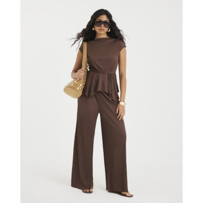Brown Plisse Sleeveless Peplum Top