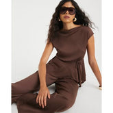 Brown Plisse Sleeveless Peplum Top