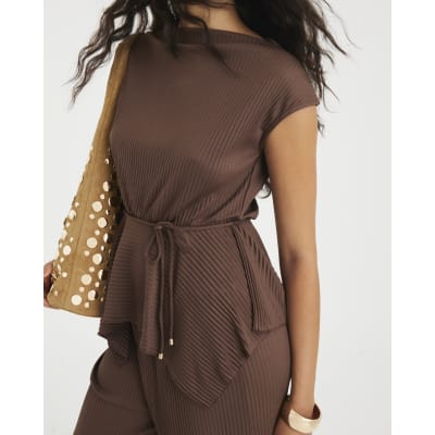 Brown Plisse Sleeveless Peplum Top
