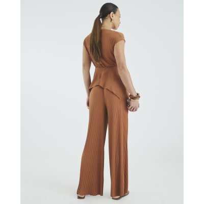 Brown Plisse Wide Leg Trousers