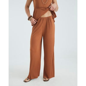 Brown Plisse Wide Leg Trousers