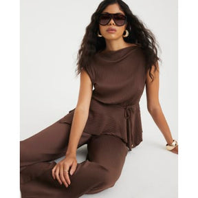 Brown Plisse Wide Leg Trousers