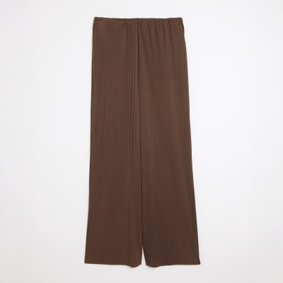 Brown Plisse Wide Leg Trousers