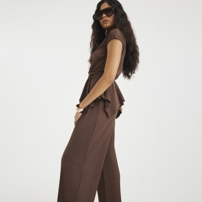 Brown Plisse Wide Leg Trousers