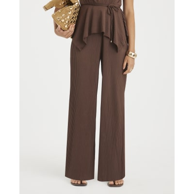 Brown Plisse Wide Leg Trousers