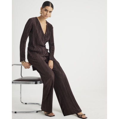 Brown Plisse Wide Leg Trousers