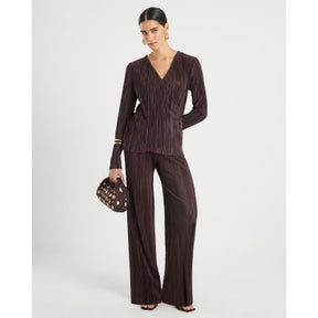 Brown Plisse Wide Leg Trousers