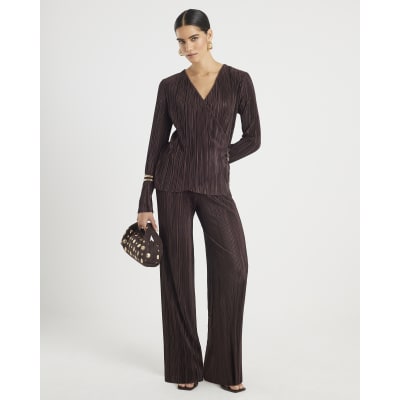 Brown Plisse Wide Leg Trousers