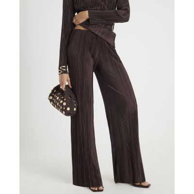 Brown Plisse Wide Leg Trousers