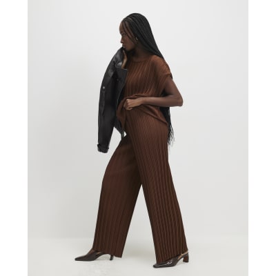 Brown Plisse Wide Leg Trousers