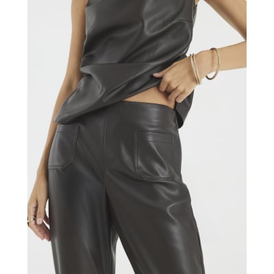 Brown Pocket Faux Leather Bootcut Trousers