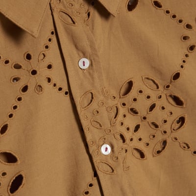 Brown Poplin Broderie Shirt