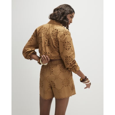 Brown Poplin Broderie Shorts