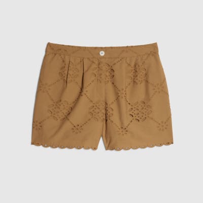 Brown Poplin Broderie Shorts