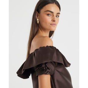 Brown Premium Frill Detail Bardot Top
