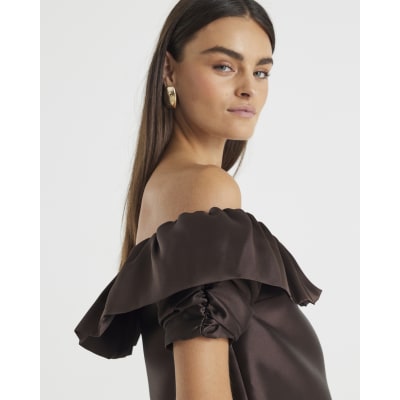 Brown Premium Frill Detail Bardot Top