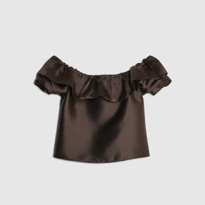 Brown Premium Frill Detail Bardot Top
