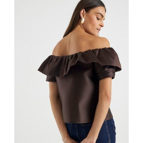 Brown Premium Frill Detail Bardot Top