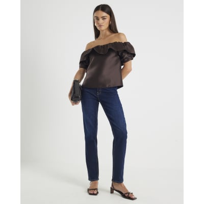 Brown Premium Frill Detail Bardot Top