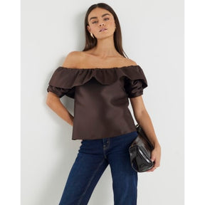 Brown Premium Frill Detail Bardot Top