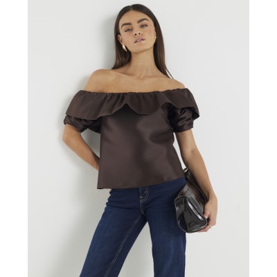 Brown Premium Frill Detail Bardot Top