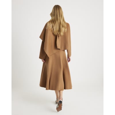 Brown Premium Godet Wool Blend Midi Skirt