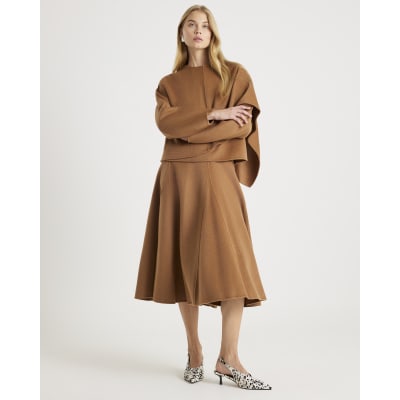 Brown Premium Godet Wool Blend Midi Skirt