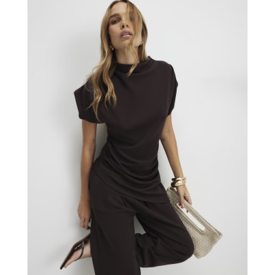 Brown Premium Short Sleeve Gathered Side Top